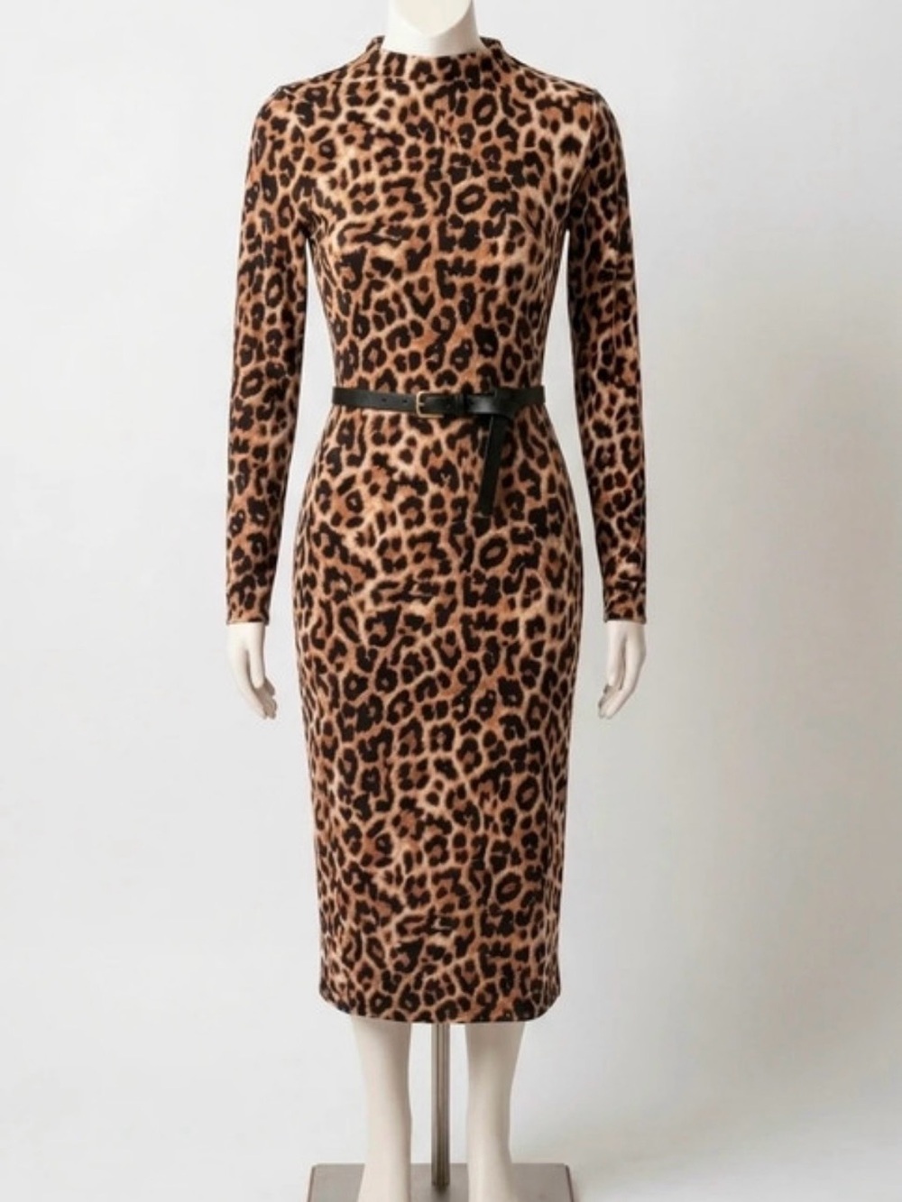 Fitted Long Sleeve Leopard-Print Midi Dress in Tan/Black